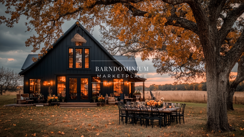 Charming black barn-style home with warm interior lighting and a cozy outdoor dining setup under a majestic oak tree.