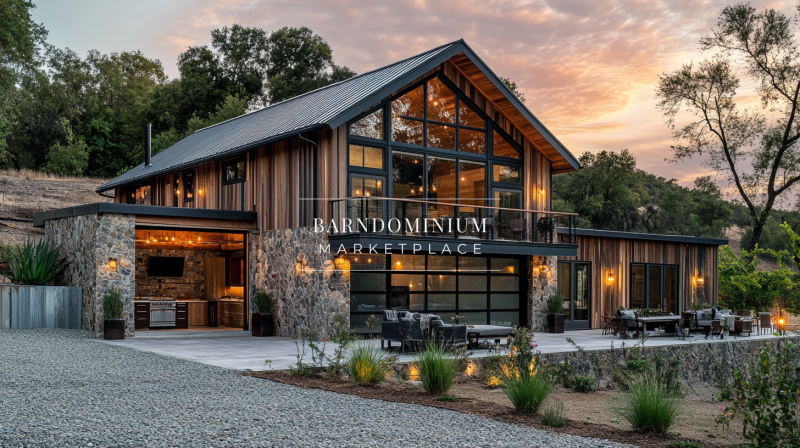 Modern barndominium with sleek glass windows and rustic wood accents at sunset.