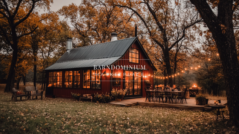 Charming rustic cabin with warm lighting, nestled among autumn trees and cozy outdoor dining.
