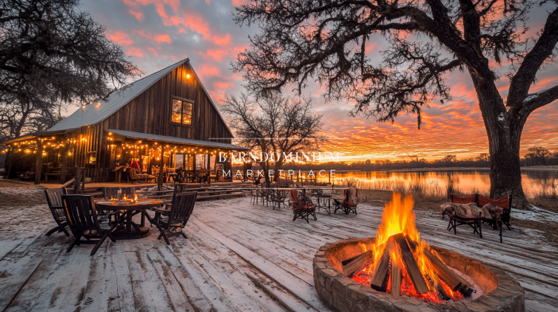 Charming lakeside barn with a cozy firepit and breathtaking sunset views.