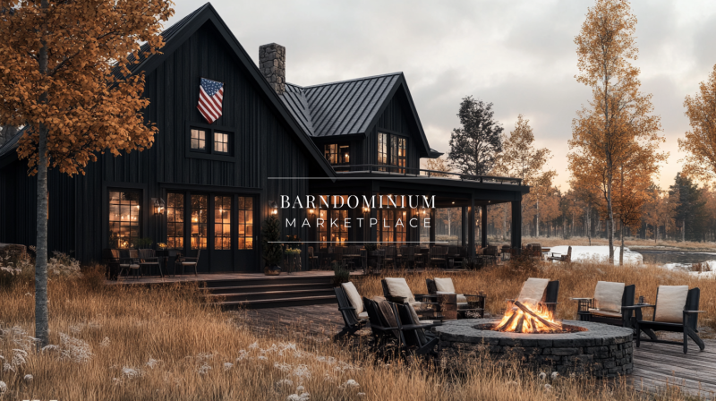 Modern farmhouse-style home with a dark exterior, warm interior lighting, and a cozy firepit seating area.