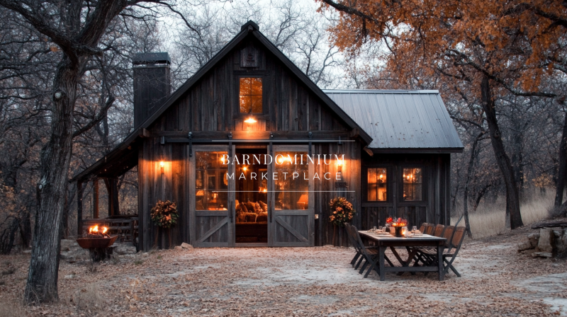 Charming rustic cabin with a dark wood exterior, warm interior lighting, and a cozy outdoor seating area.