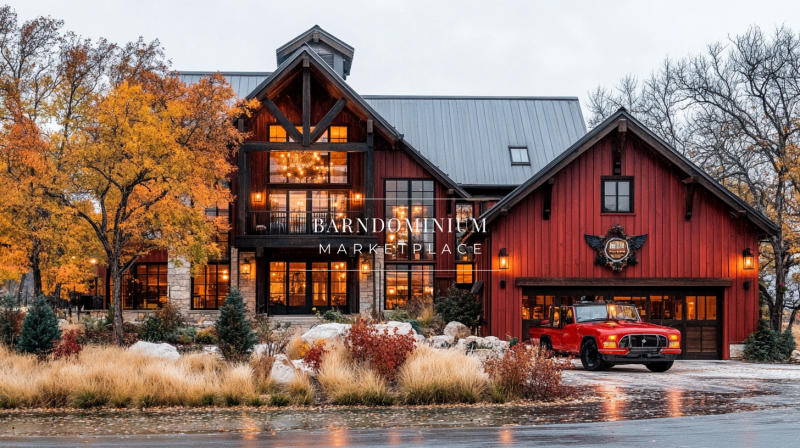 Stunning modern barndominium with red barn-style exterior, large windows, and warm lighting.