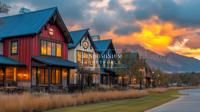 Vibrant barndominium-style homes with a stunning mountain sunset backdrop.