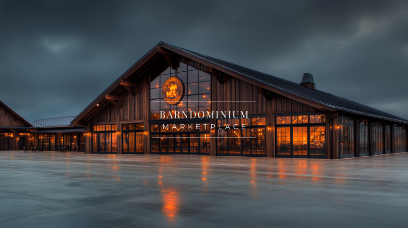 Expansive barndominium with warm interior lighting against a dramatic stormy sky.