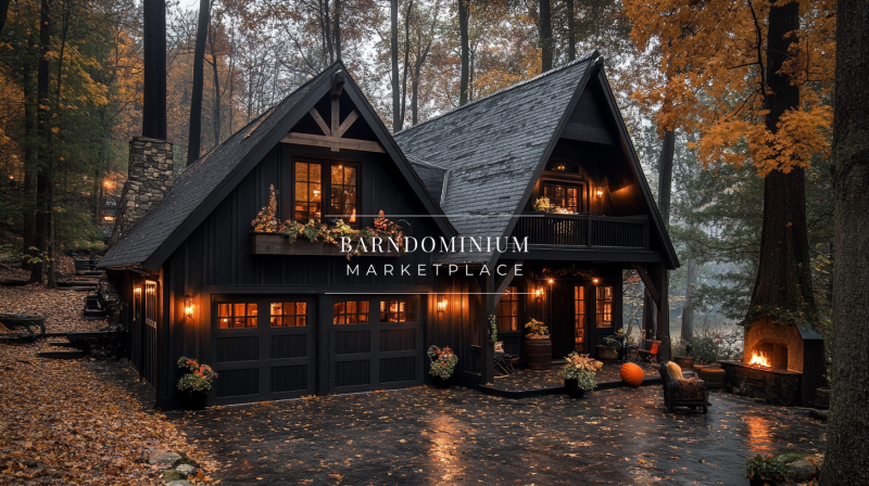 Elegant black barndominium with warm lighting, nestled in an autumn forest.