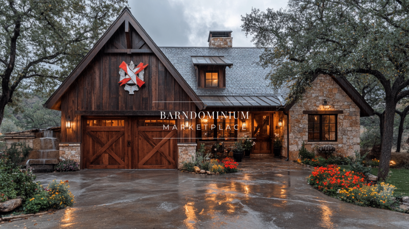 Charming rustic barndominium with stone and wood accents, illuminated by warm exterior lighting.
