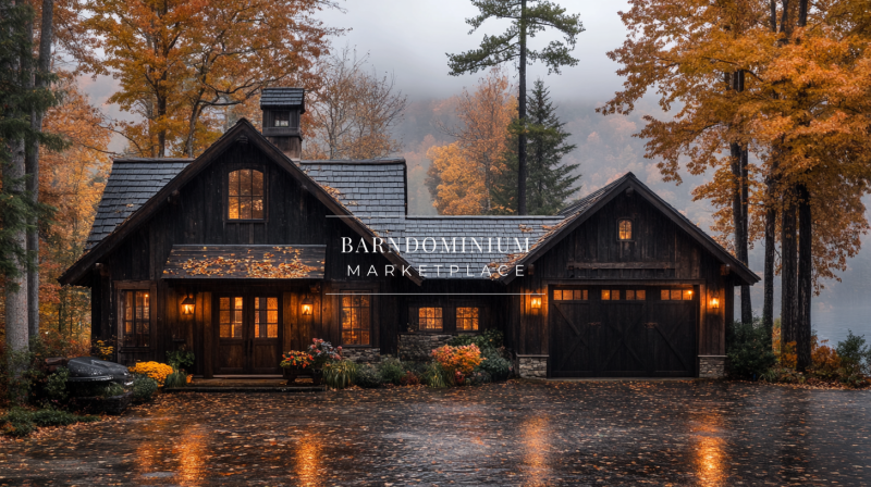 Elegant black barndominium with warm lighting, nestled in a serene autumn landscape.
