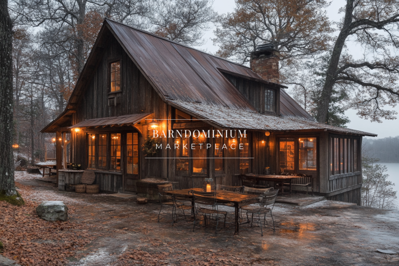 Rustic lakeside barndominium exterior with warm lighting, aged metal roofing, and a cozy outdoor dining space.
