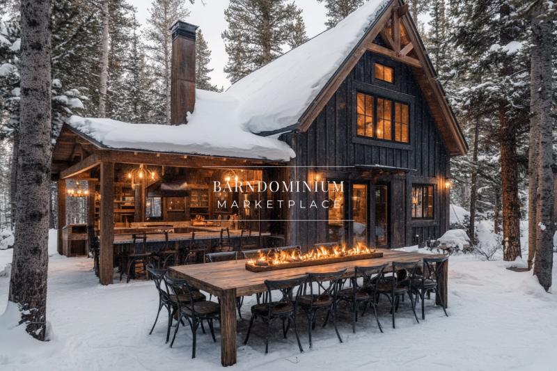 Cozy winter barndominium exterior with a warm outdoor fire table, rustic black wood siding, and a covered outdoor kitchen.