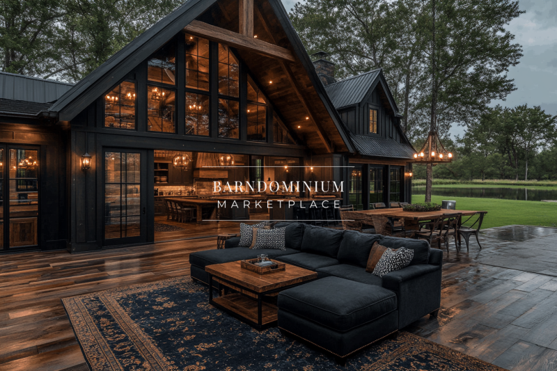 Luxurious modern barndominium exterior with floor-to-ceiling glass windows, warm lighting, and a stylish outdoor living space.