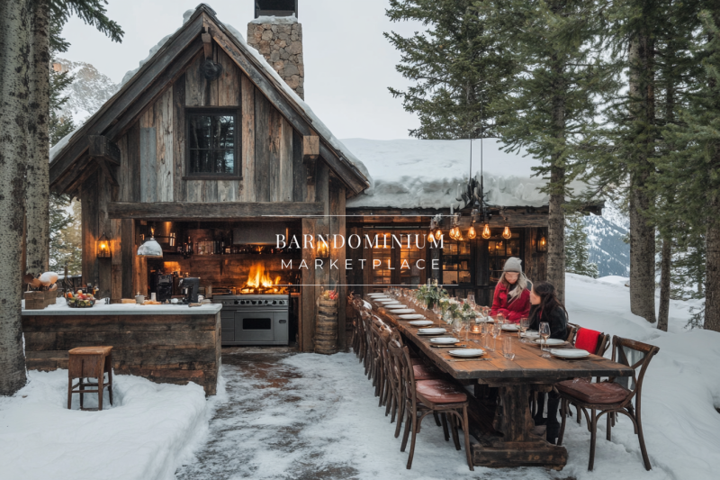 A charming rustic barndominium exterior with an inviting outdoor dining setup, nestled in a snowy forest landscape.