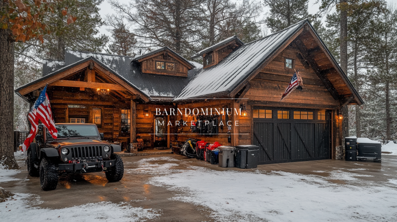 A stunning rustic barndominium exterior in a snowy woodland setting, featuring warm lighting, a rugged Jeep, and patriotic decor.