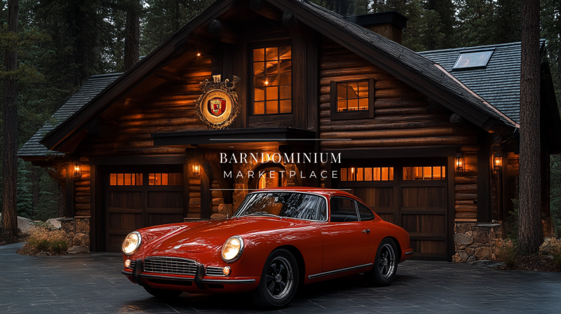 A classic red sports car parked in front of a luxurious log cabin-style garage, illuminated with warm ambient lighting.