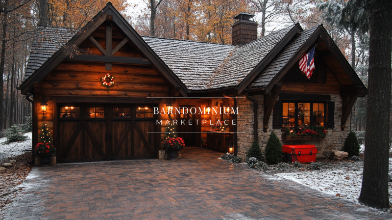 A charming rustic log cabin with warm glowing lights, a festive wreath, and an American flag, nestled in a serene wooded setting with a touch of snow.