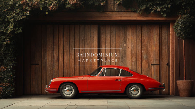 A classic red vintage sports car parked in front of a stylish wooden garage, blending elegance and timeless automotive design.