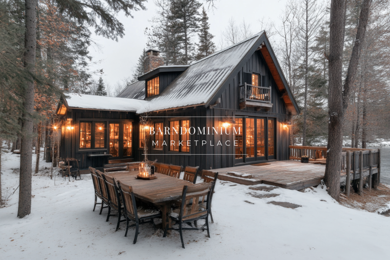 A modern black cabin with warm glowing windows, nestled in a snowy forest. The outdoor dining area on the wooden deck adds a cozy touch, making it the perfect winter escape.