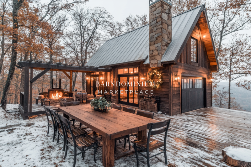 A charming rustic cabin with a metal roof and stone chimney, nestled in a snowy woodland. The spacious deck features a large wooden dining table and an inviting outdoor fireplace, creating a perfect winter retreat.
