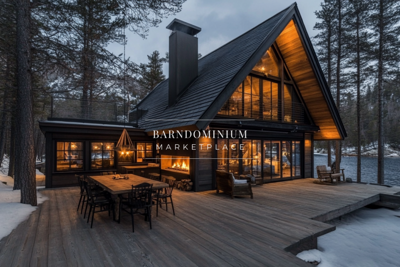 A stunning modern A-frame cabin with warm interior lighting, set against a snowy forest backdrop. The expansive wooden deck features an outdoor fireplace, elegant dining setup, and cozy seating, creating the perfect winter retreat.