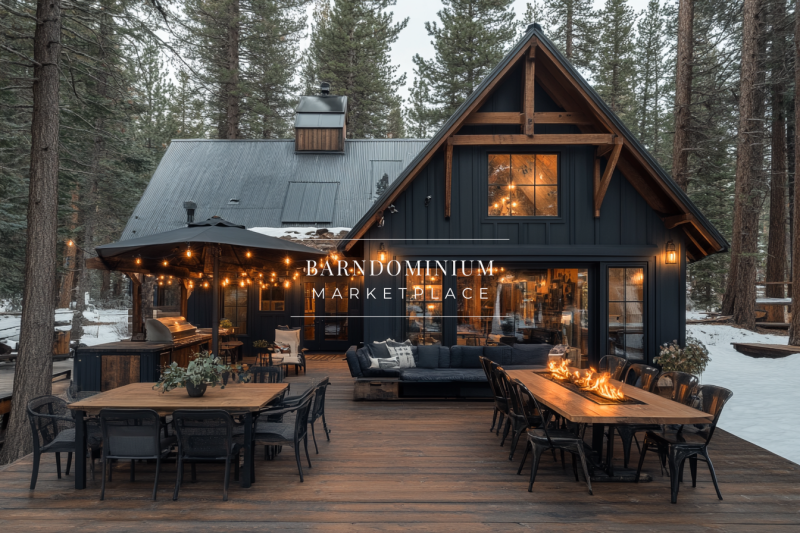 A cozy black cabin nestled in a snowy forest, featuring a spacious wooden deck with warm outdoor lighting, elegant dining setups, and a charming rustic-modern aesthetic.