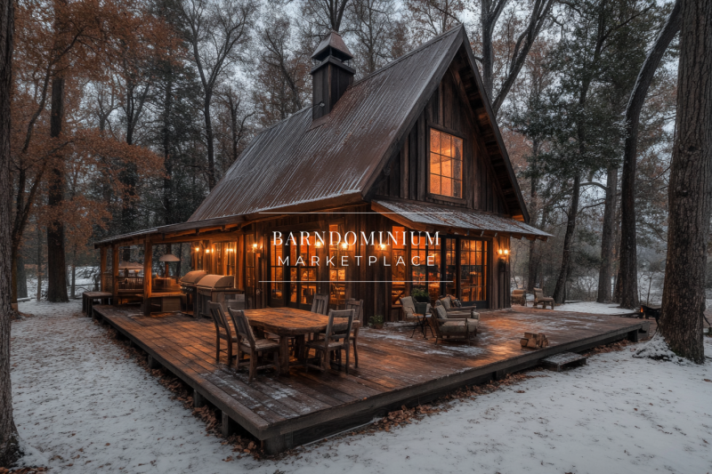 A charming rustic cabin nestled in a snowy forest, with warm glowing lights and a cozy wooden deck, creating the perfect winter retreat.
