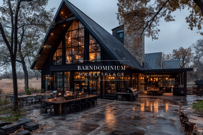 A breathtaking black modern farmhouse with floor-to-ceiling glass windows, warm interior lighting, and a spacious outdoor dining area, perfect for cozy gatherings.