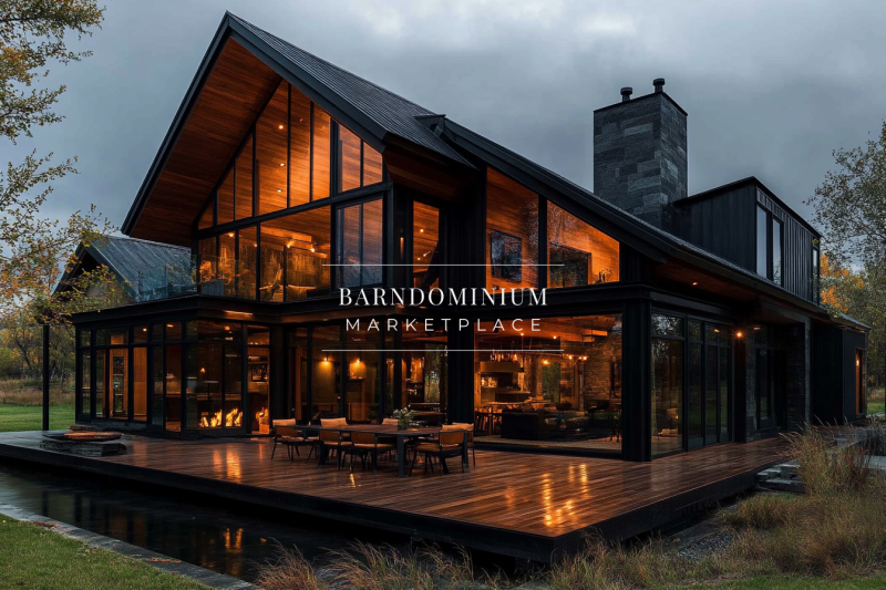 A luxurious modern barndominium with a striking black exterior, floor-to-ceiling glass windows, and a warm, illuminated interior, surrounded by a serene natural landscape.