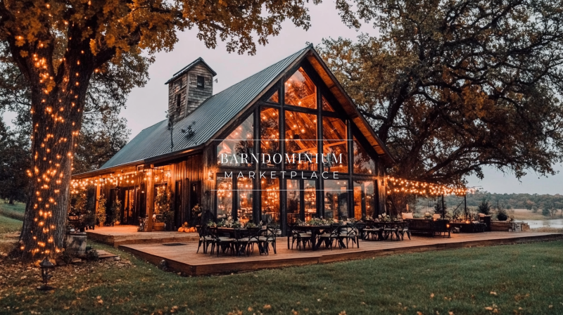 A beautifully lit A-frame barndominium with expansive glass walls, an inviting wraparound deck, and magical string lights under a twilight sky.