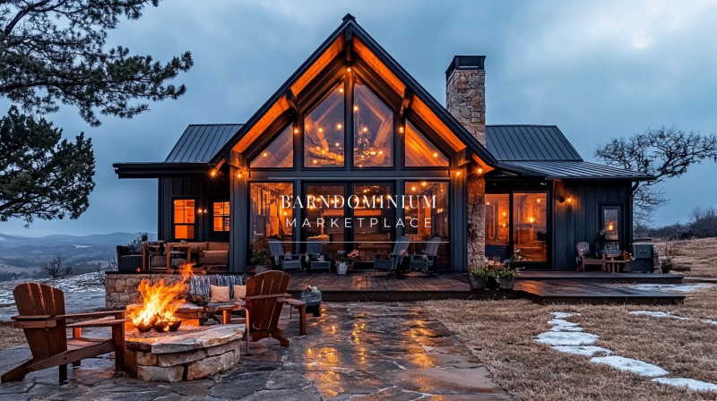 A stunning modern-rustic barndominium with a grand A-frame design, warm glowing lights, and an inviting fire pit on a misty evening.