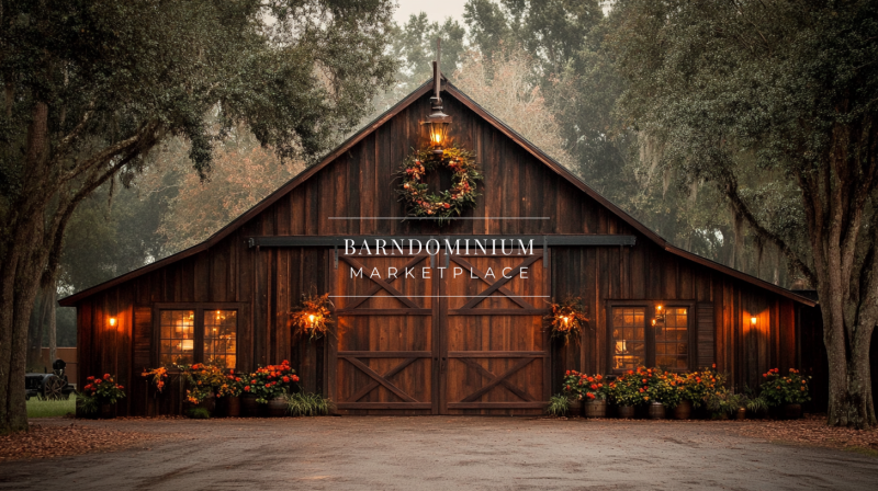 A beautifully decorated rustic barndominium with warm wooden tones, festive wreath decor, and charming ambient lighting.