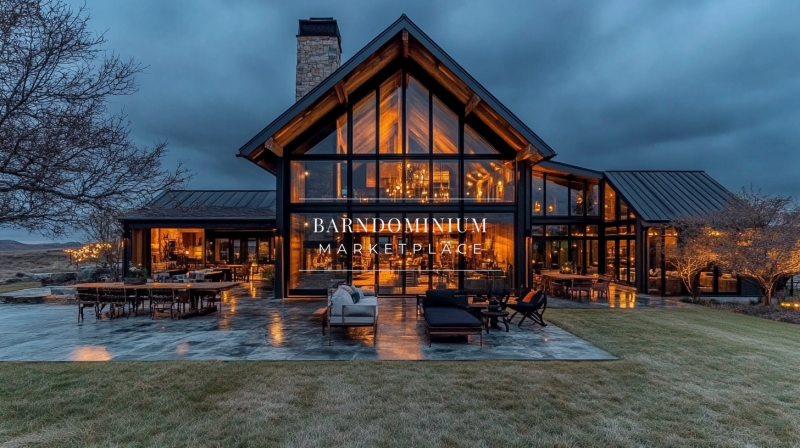 A luxurious modern glass barndominium with warm interior lighting, sleek black metal framing, and a spacious outdoor living area.