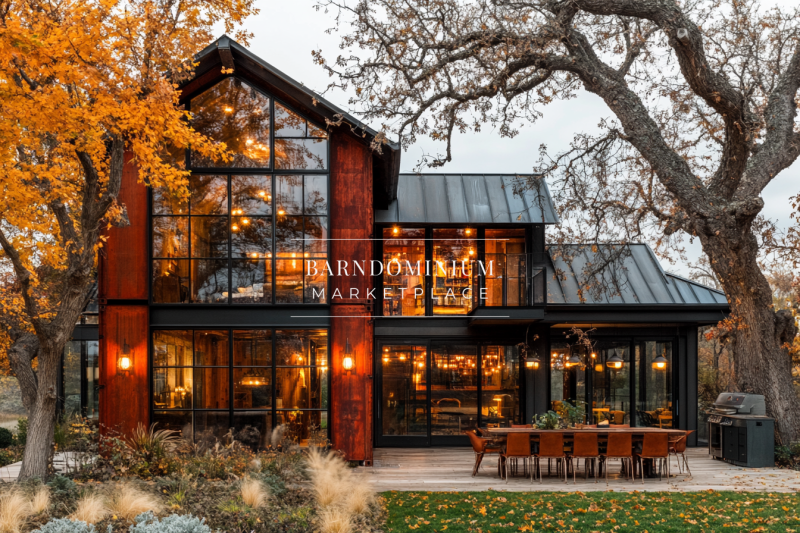 A breathtaking modern glass barndominium with a sleek metal roof, warm interior lighting, and a cozy outdoor dining area.