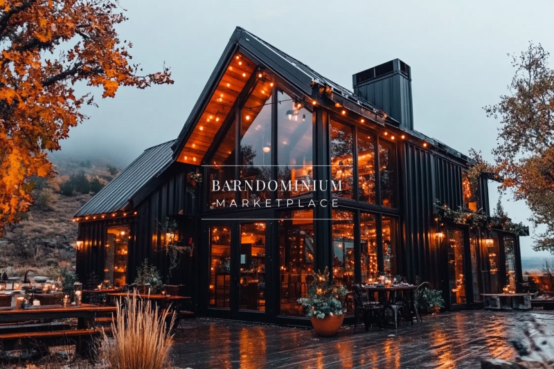 A stunning black modern barndominium with floor-to-ceiling glass windows, warm ambient lighting, and a cozy autumn setting.