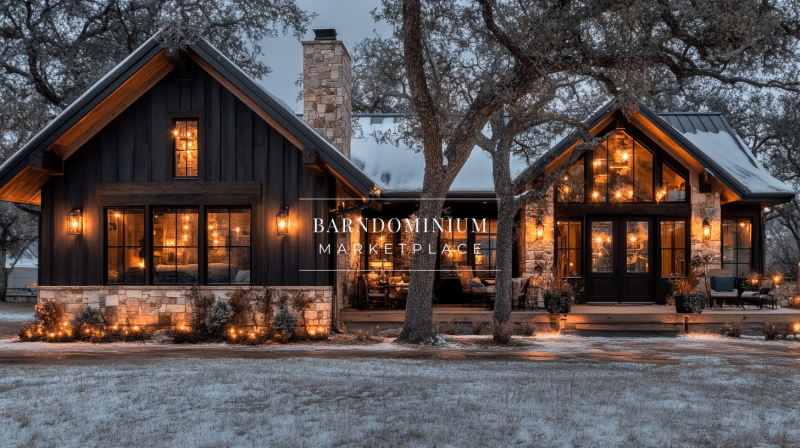 A stunning black modern farmhouse barndominium with warm lighting, stone accents, and a cozy winter setting.