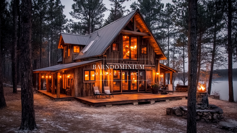 A rustic woodland barndominium with a warm wood exterior, cozy lighting, and a peaceful forest setting.