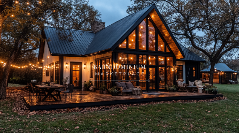 A charming modern barndominium with warm string lights, large glass windows, and a cozy outdoor living space.