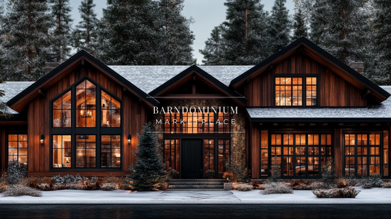A luxurious modern barndominium with a rustic wood exterior, large glass windows, and a cozy winter ambiance.