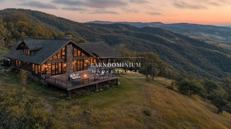 A stunning mountain barndominium with a stone and wood exterior, panoramic views, and a cozy outdoor firepit.