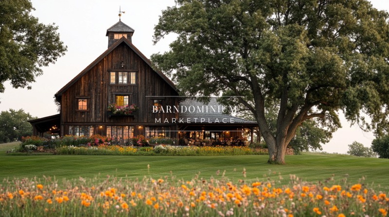 Rustic wooden barn-style home surrounded by lush greenery and wildflowers.