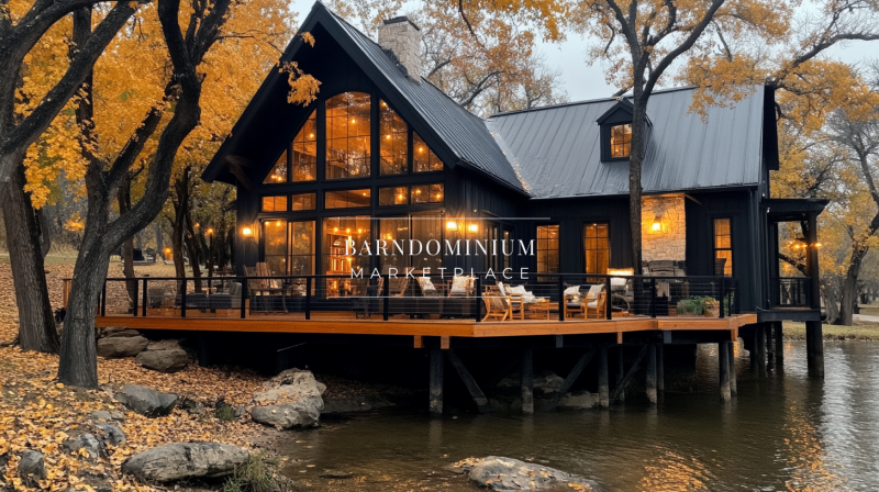 Cozy black barndominium with a waterfront deck, surrounded by autumn foliage.