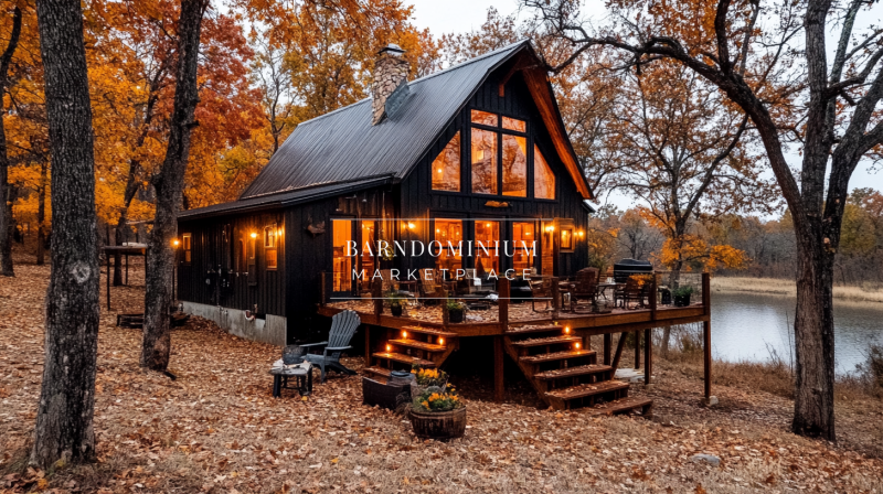 Charming black barndominium nestled in an autumn forest with warm lighting and a cozy wooden deck.