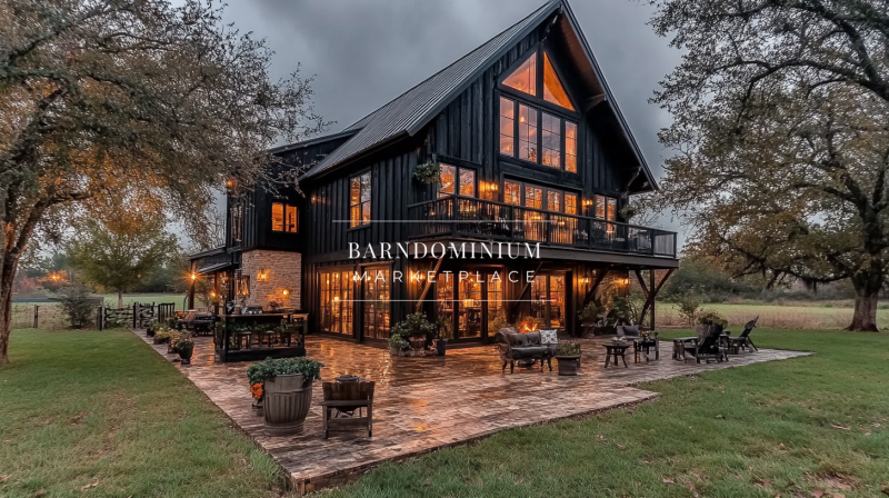 Stunning black modern barndominium with large windows, warm interior lighting, and a spacious outdoor patio for entertaining.