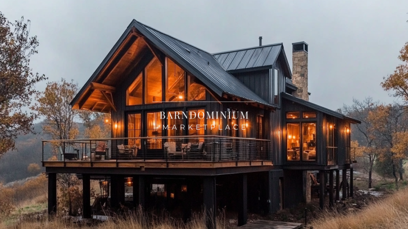 Elegant black barndominium with a raised foundation, glowing interior lighting, and a cozy wraparound deck for scenic views.