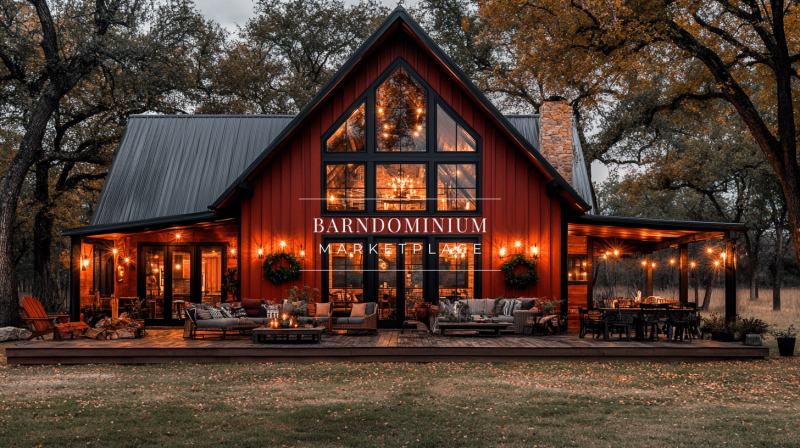 A stunning barndominium exterior with warm lighting, a rustic red finish, and a cozy outdoor living space.