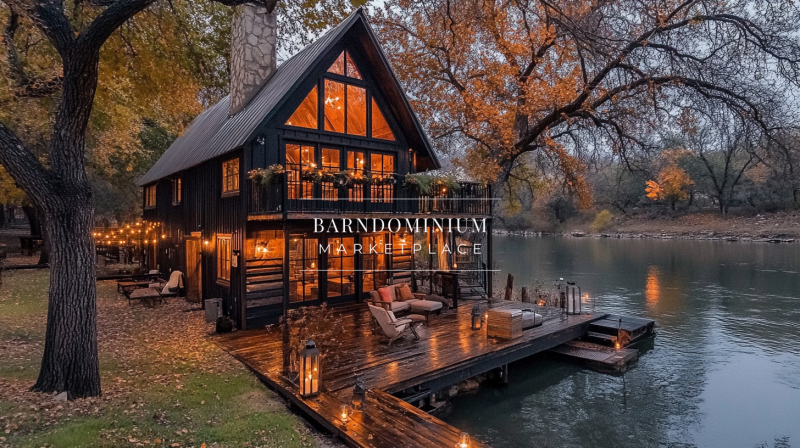 Cozy lakeside cabin with warm lighting, a wooden deck, and stunning autumn scenery.
