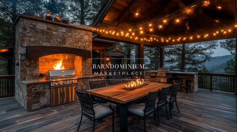 outdoor kitchen, rustic outdoor space, stone fireplace, farmhouse kitchen, al fresco dining, outdoor cooking, wood and stone design, backyard retreat, luxury patio, cozy outdoor setup