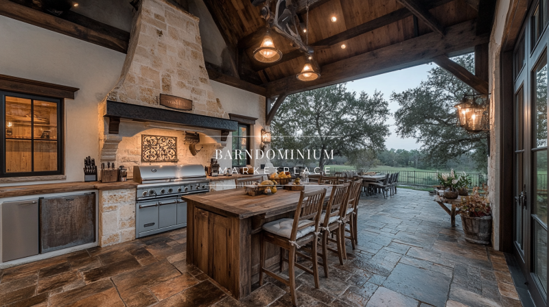 Rustic outdoor kitchen with a stone fireplace, wood accents, and a spacious dining area overlooking a scenic landscape.