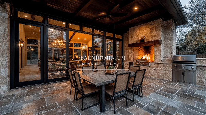 Elegant outdoor patio with a built-in fireplace, modern dining setup, and warm ambient lighting for a cozy evening retreat.