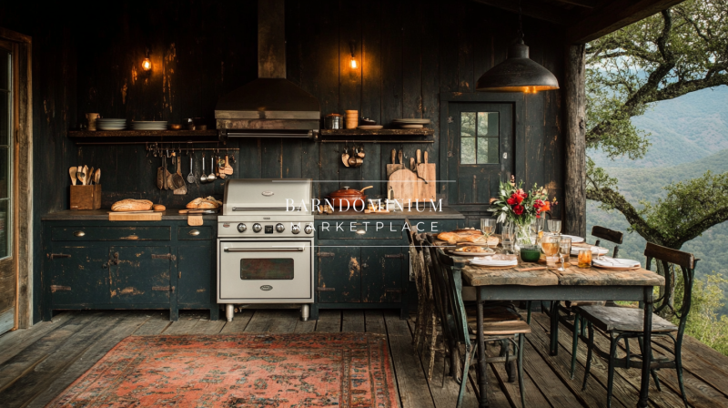 Rustic outdoor kitchen with vintage charm, featuring dark wood cabinetry, open shelving, and a cozy dining area.