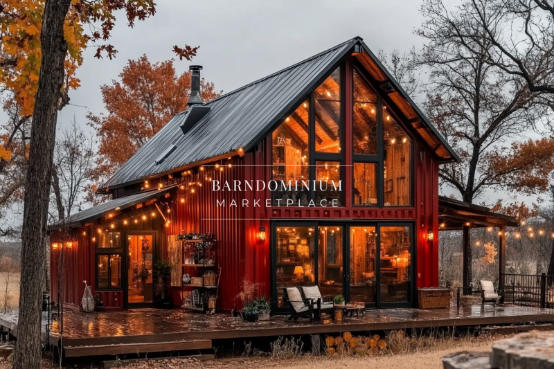 Cozy red barndominium with large glass windows, warm glowing lights, and a charming rustic-modern aesthetic.